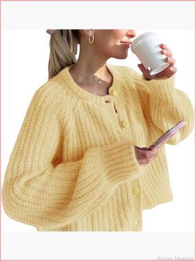 Chunky Knit Cardigan Sweater Long Sleeve Button Down Cream